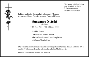 Traueranzeige von Susanne Sticht von Frankenpost