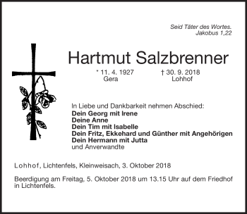 Traueranzeige von Hartmut Salzbrenner von Neue Presse Coburg