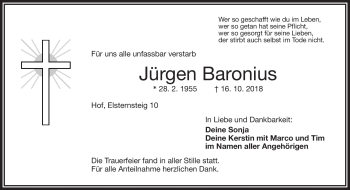 Traueranzeige von Jürgen Baronius von Frankenpost