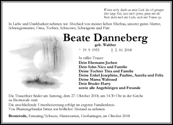 Traueranzeige von Beate Danneberg von Südthüringer Presse