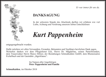 Traueranzeige von Kurt Pappenheim von Südthüringer Presse