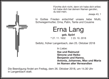 Traueranzeige von Erna Lang von Frankenpost