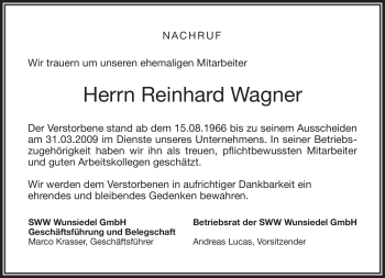 Traueranzeige von Reinhard Wagner von Frankenpost