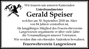 Traueranzeige von Gerald Speiser von Südthüringer Presse