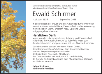 Traueranzeige von Ewald Schirmer von Neue Presse Coburg