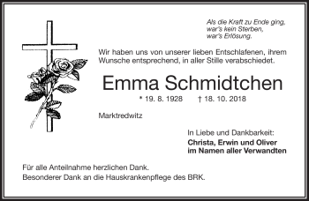 Traueranzeige von Emma Schmidtchen von Frankenpost