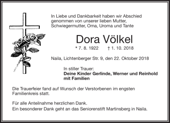 Traueranzeige von Dora Völkel von Frankenpost