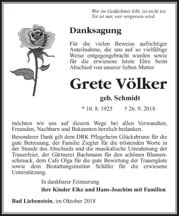 Traueranzeige von Grete Völker von Südthüringer Presse