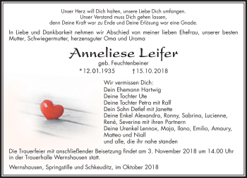 Traueranzeige von Anneliese Leifer von Südthüringer Presse
