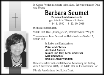 Traueranzeige von Barbara Seumel von Frankenpost