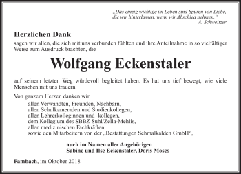 Traueranzeige von Wolfgang Eckenstaler von Südthüringer Presse