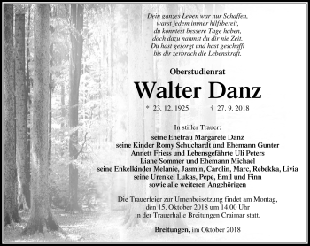 Traueranzeige von Walter Danz von Südthüringer Presse