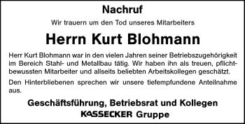 Traueranzeige von Kurt Blohmann von Frankenpost