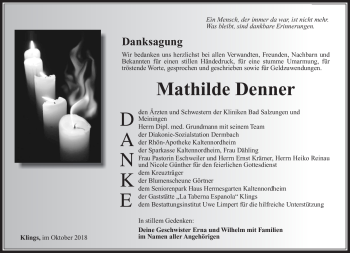 Traueranzeige von Mathilde Denner von Südthüringer Presse