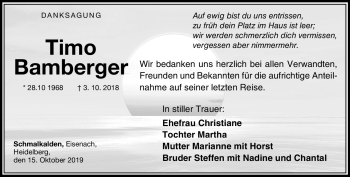 Traueranzeige von Timo Bamberger von Südthüringer Presse