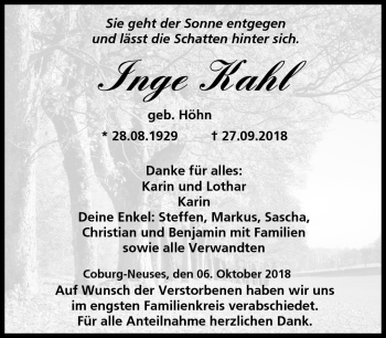 Traueranzeige von Inge Kahl von Neue Presse Coburg