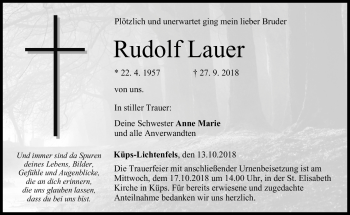 Traueranzeige von Rudolf Lauer von Neue Presse Coburg