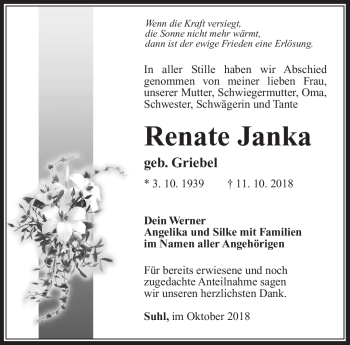 Traueranzeige von Renate Janka von Südthüringer Presse