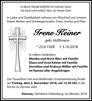 Traueranzeige von Irene Keiner von Südthüringer Presse