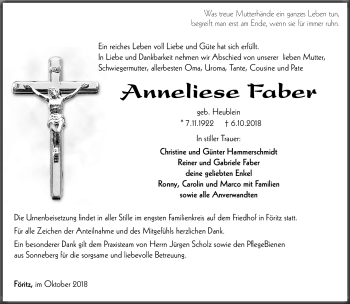 Traueranzeige von Anneliese Faber von Südthüringer Presse