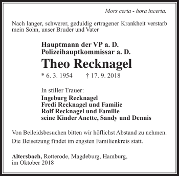 Traueranzeige von Theo Recknagel von Südthüringer Presse