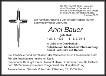 Traueranzeige von Anni Bauer von Frankenpost