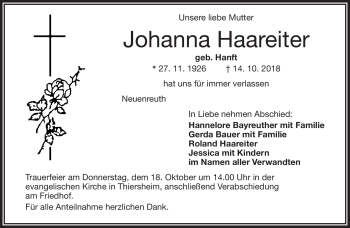 Traueranzeige von Johanna Haareiter von Frankenpost