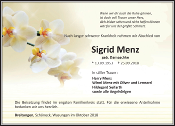 Traueranzeige von Sigrid Menz von Südthüringer Presse