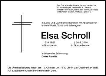 Traueranzeige von Elsa Schroll von Frankenpost