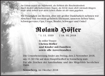 Traueranzeige von Roland Höfler von Südthüringer Presse