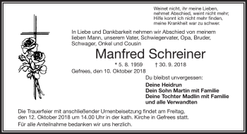 Traueranzeige von Manfred Schreiner von Frankenpost