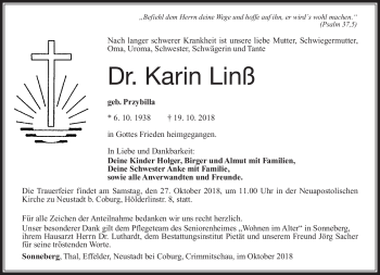 Traueranzeige von Karin Linß von Südthüringer Presse