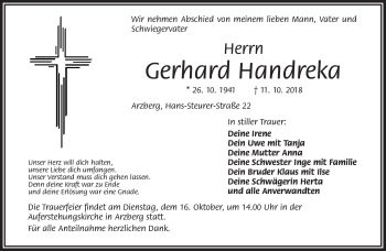 Traueranzeige von Gerhard Handreka von Frankenpost
