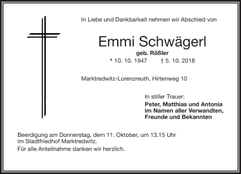 Traueranzeige von Emmi Schwägerl von Frankenpost