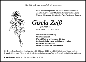 Traueranzeige von Gisela Zeiß von Südthüringer Presse