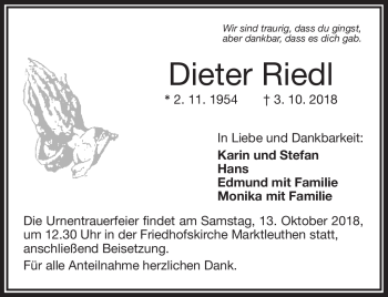 Traueranzeige von Dieter Riedl von Frankenpost