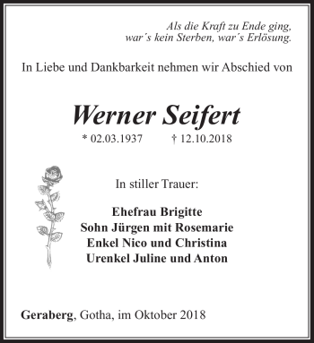 Traueranzeige von Werner Seifert von Südthüringer Presse