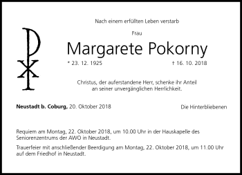 Traueranzeige von Margarete Pokorny von Neue Presse Coburg