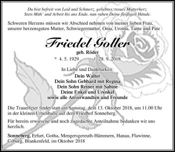 Traueranzeige von Friedel Goller von Südthüringer Presse