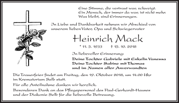 Traueranzeige von Heinrich Mack von Frankenpost