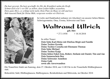 Traueranzeige von Waltraud Ullrich von Südthüringer Presse