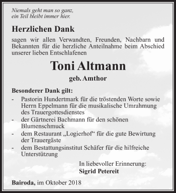 Traueranzeige von Toni Altmann von Südthüringer Presse