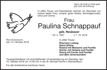 Traueranzeige von Paulina Schnappauf von Neue Presse Coburg