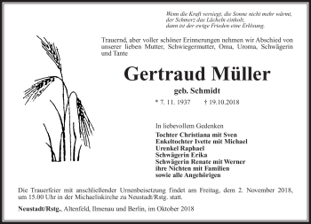 Traueranzeige von Gertraud Müller von Südthüringer Presse