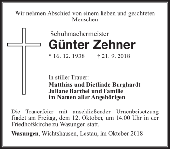 Traueranzeige von Günter Zehner von Südthüringer Presse