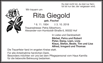 Traueranzeige von Rita Giegold von Frankenpost