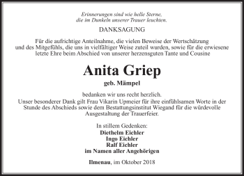 Traueranzeige von Anita Griep von Südthüringer Presse