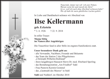Traueranzeige von Ilse Kellermann von Südthüringer Presse