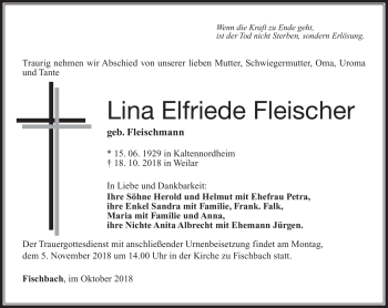 Traueranzeige von Lina Elfriede Fleischer von Südthüringer Presse