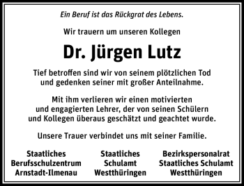 Traueranzeige von Jürgen Lutz von Südthüringer Presse